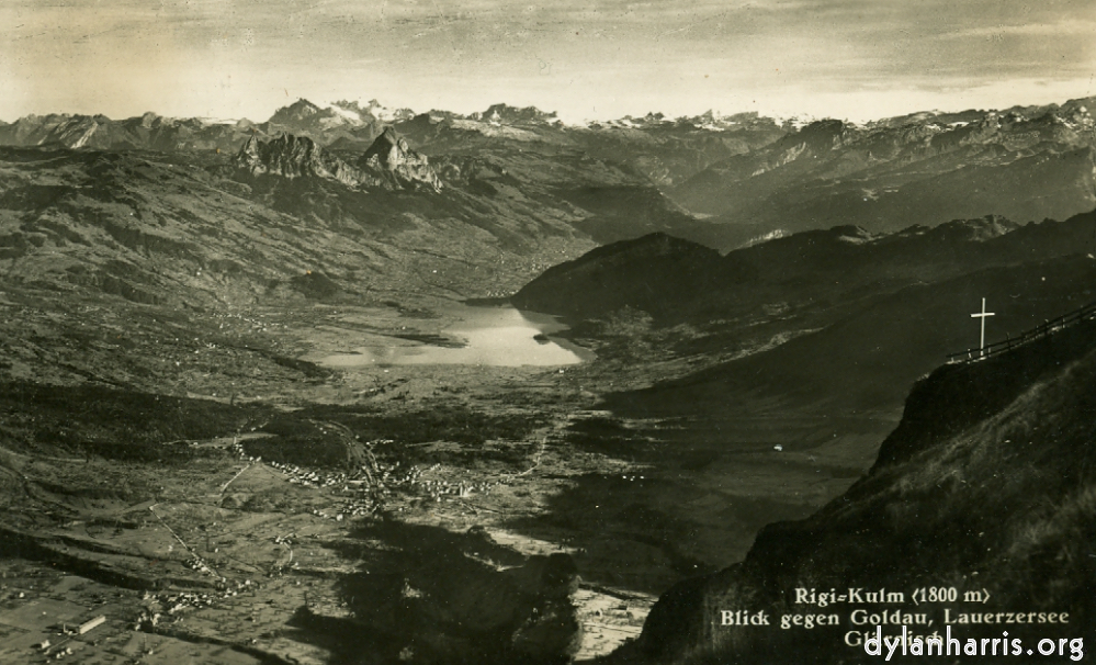 image: Postcard: Rigi=Kulm (1800m) Blick gegen Goldau, Lauerzersee, Gl&auml;rnisch. [[ Rigi Summit, 5900 ft. View fro the Summit of Rigi, looking towards the S.E. shewing Goldau, Lowerzensee and the Alps. ]]