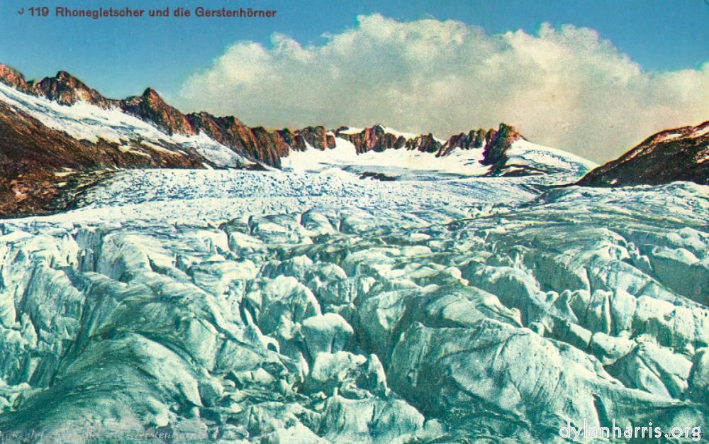 image: Postcard: J119 Rhonegletscher und die Gerstenh&ouml;rner [[ The Rhone Glacier and Hotel Belvedere 7,540 feet. ]]