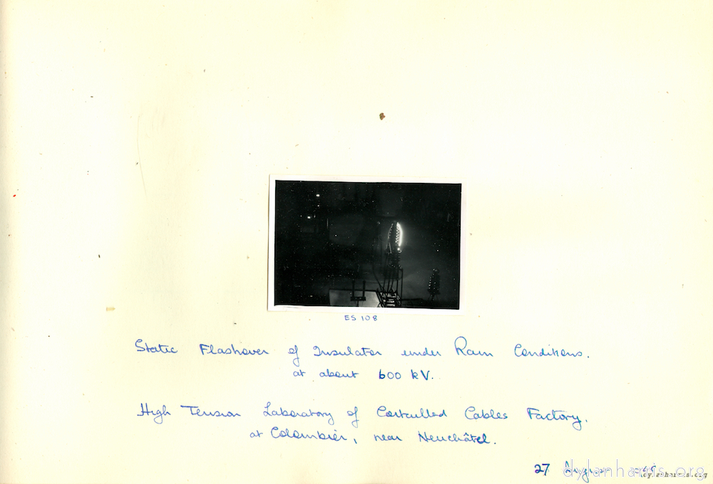 image: Static Flashover of Insulation under Rain Conditions at about 600 kV. High Tension Laboratory of Cortailled Cables Factory at Colombier, near Neuch&acirc;tel. 27 August 1948.