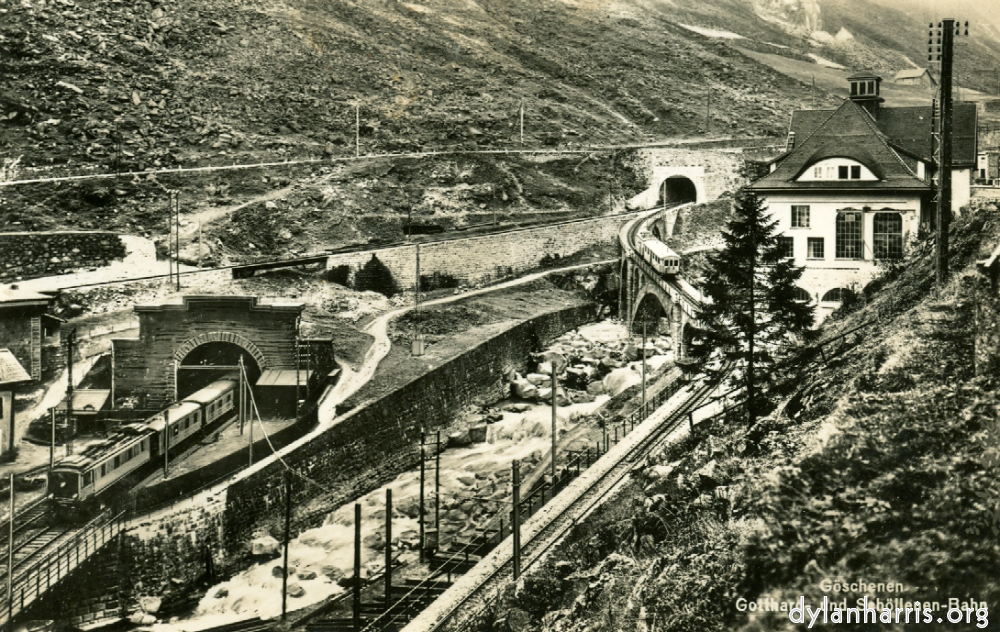 image: Postcard: G&ouml;schenen Gotthard und Sch&ouml;llenen-Bahn [[ St. Gotthard Tunnel G&ouml;schenen Entrance with the Sch&ouml;llenenbahn Rack Railway to Andermatt etc. ]]