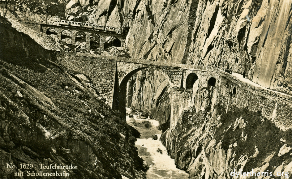 image: Postcard: No 1629 Teufelsbr&uuml;cke mit Sch&ouml;llenenbahn [[ The &ldquo;Devil&rsquo;s Bridge&rdquo; and Sch&ouml;llenenbahn between G&ouml;schenen and Andermatt. ]]