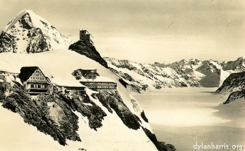 image: Postcard [[ Jungfrauhoch, 11,300ft, with M&euml;nch and Aletschgletschen, Berghaus Observaterium and Meteorological Station. ]]