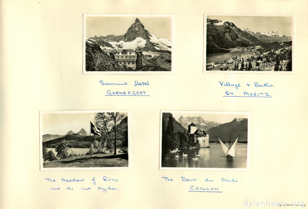 image: Gornergrat, St. Moritz, R&uuml;tli and Chillon.