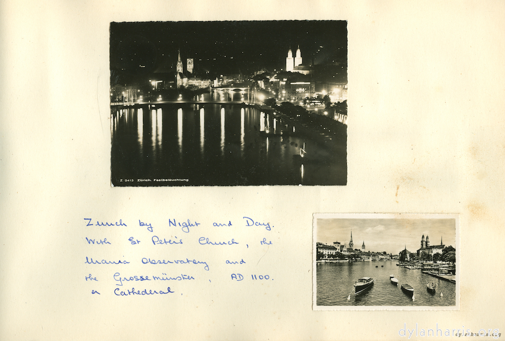 Image: Z&uuml;rich by Night and Day. With St Peter&rsquo;s Church, the Urania Observatory and the Grossem&uuml;nster, AD 100, a Cathedral.