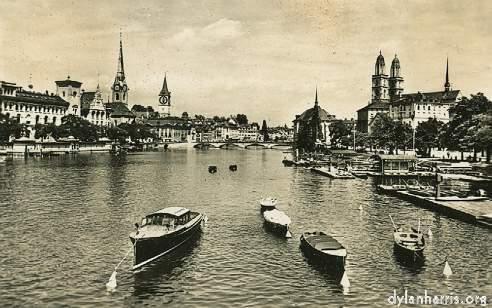 image: Postcard: Z&uuml;rich by Night and Day. With St Peter&rsquo;s Church, the Urania Observatory and the Grossem&uuml;nster, AD 100, a Cathedral.