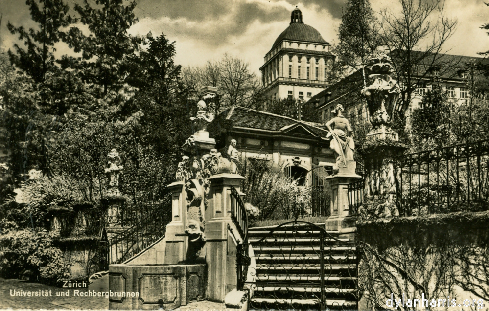 image: Postcard: Z&uuml;rich Universit&auml;t und Rechbergbrunnen [[ The University Building. ]]